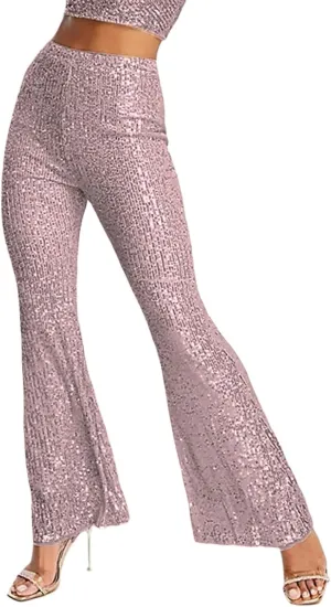 Women Sparkly Sequin Pants Glitter High Waist Wide Leg Trousers Flare Bell Bottom Night Out Party Shiny Clubwear