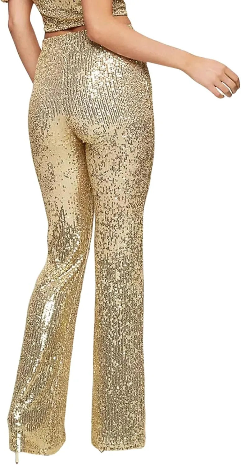 Women Sparkly Sequin Pants Glitter High Waist Wide Leg Trousers Flare Bell Bottom Night Out Party Shiny Clubwear