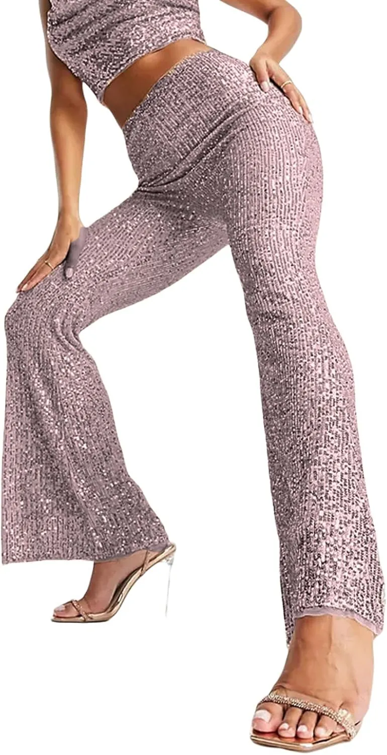 Women Sparkly Sequin Pants Glitter High Waist Wide Leg Trousers Flare Bell Bottom Night Out Party Shiny Clubwear