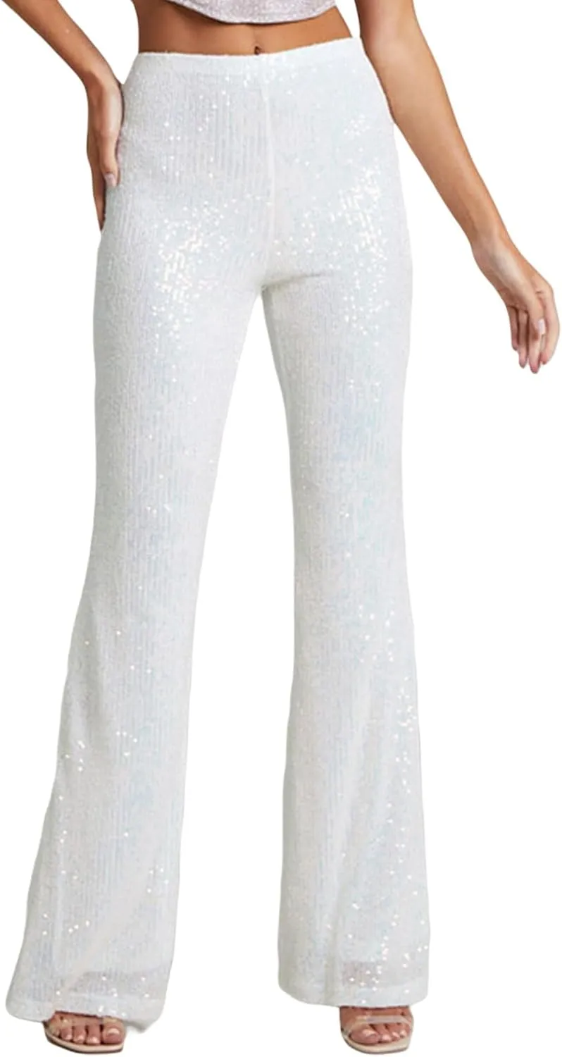 Women Sparkly Sequin Pants Glitter High Waist Wide Leg Trousers Flare Bell Bottom Night Out Party Shiny Clubwear