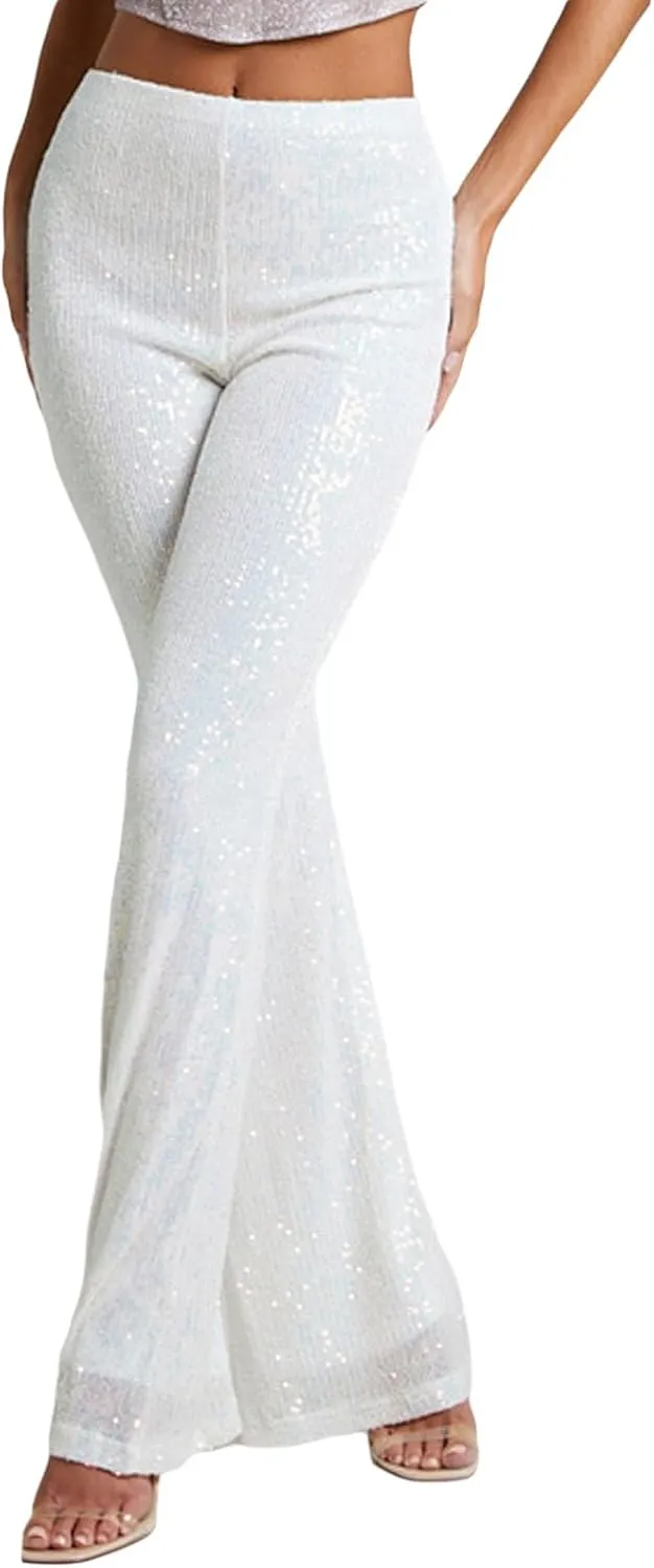 Women Sparkly Sequin Pants Glitter High Waist Wide Leg Trousers Flare Bell Bottom Night Out Party Shiny Clubwear