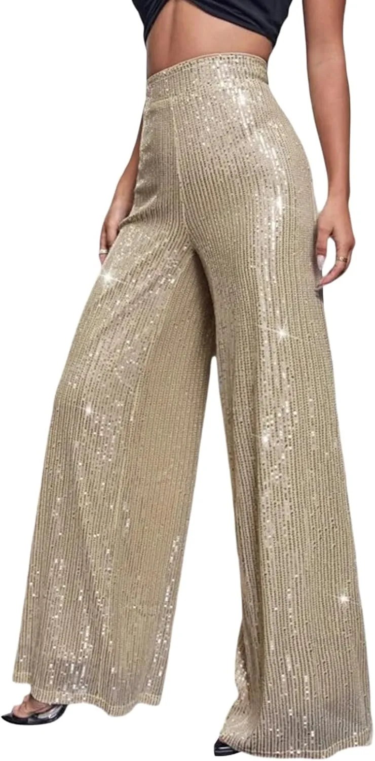 Women Sparkly Sequin Pants Glitter High Waist Wide Leg Trousers Flare Bell Bottom Night Out Party Shiny Clubwear