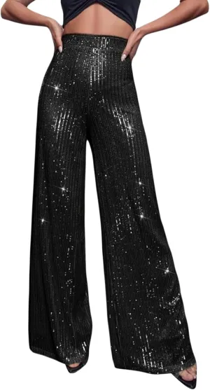 Women Sparkly Sequin Pants Glitter High Waist Wide Leg Trousers Flare Bell Bottom Night Out Party Shiny Clubwear