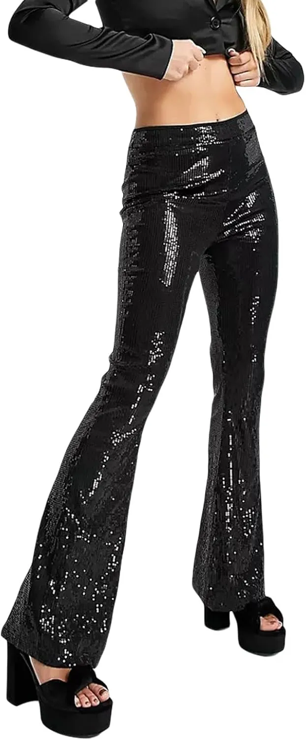 Women Sparkly Sequin Pants Glitter High Waist Wide Leg Trousers Flare Bell Bottom Night Out Party Shiny Clubwear