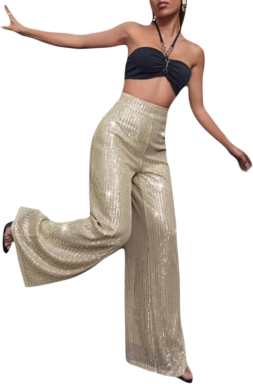 Women Sparkly Sequin Pants Glitter High Waist Wide Leg Trousers Flare Bell Bottom Night Out Party Shiny Clubwear
