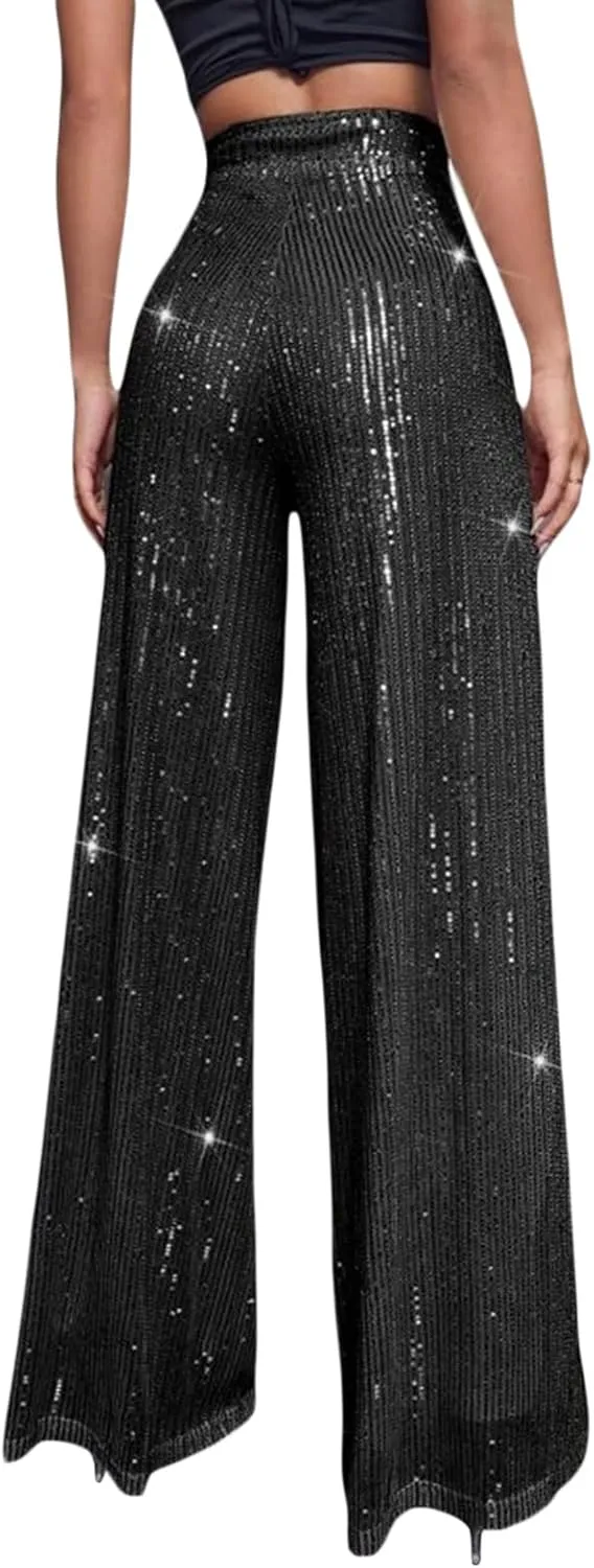Women Sparkly Sequin Pants Glitter High Waist Wide Leg Trousers Flare Bell Bottom Night Out Party Shiny Clubwear