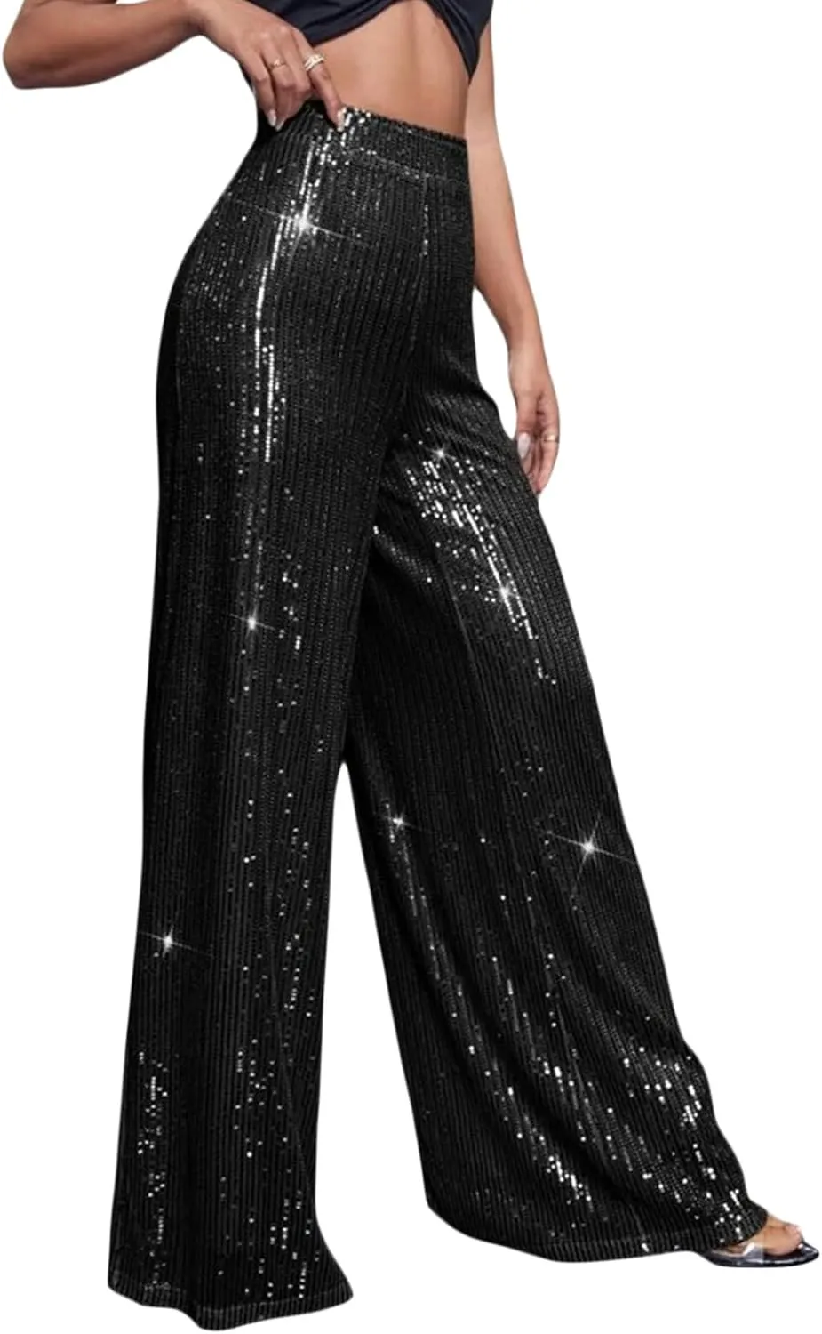 Women Sparkly Sequin Pants Glitter High Waist Wide Leg Trousers Flare Bell Bottom Night Out Party Shiny Clubwear