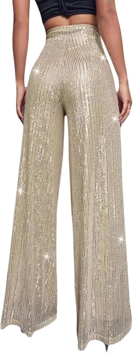 Women Sparkly Sequin Pants Glitter High Waist Wide Leg Trousers Flare Bell Bottom Night Out Party Shiny Clubwear