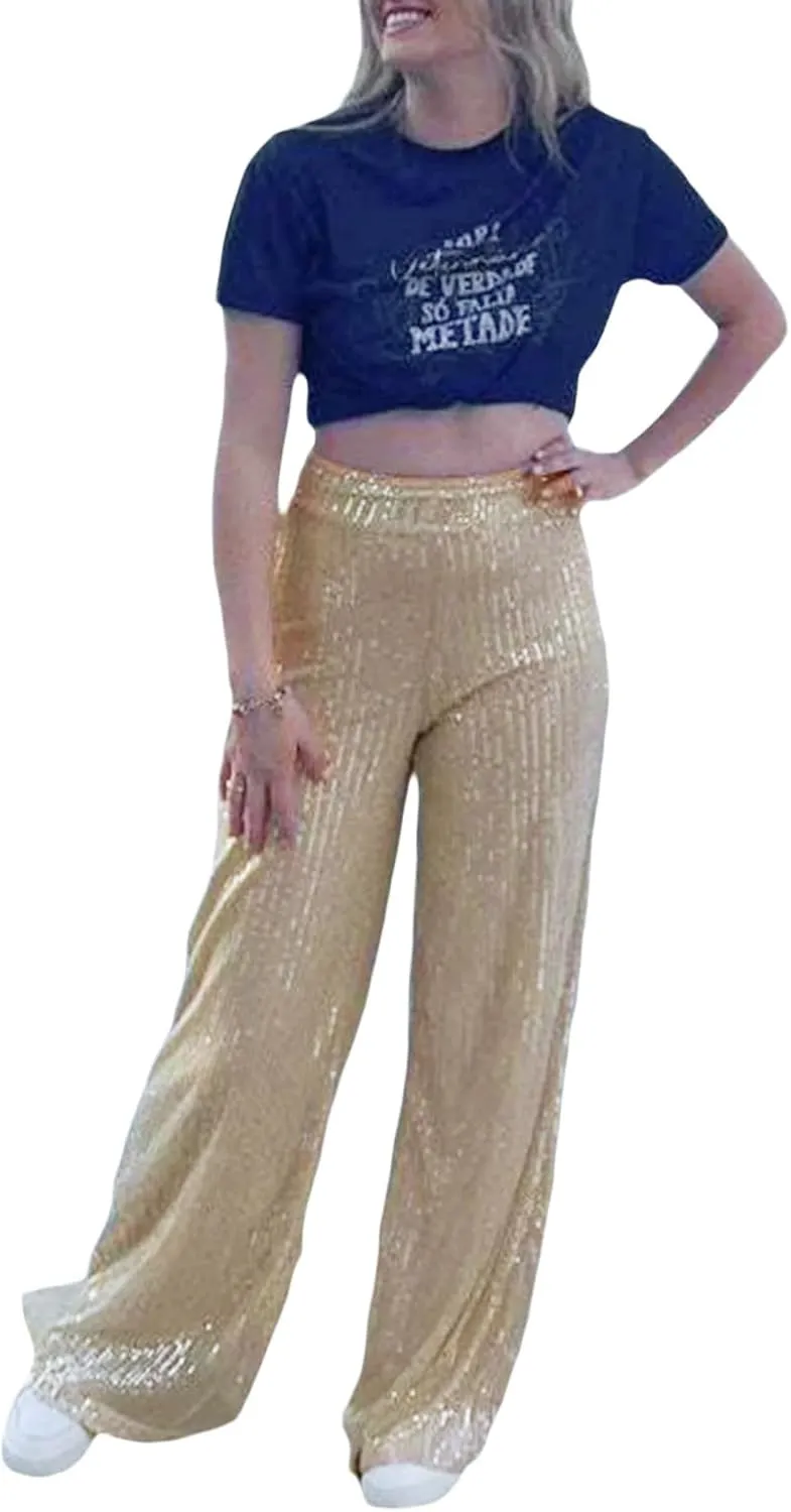 Women Sparkly Sequin Pants Glitter High Waist Wide Leg Trousers Flare Bell Bottom Night Out Party Shiny Clubwear