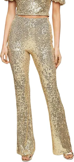Women Sparkly Sequin Pants Glitter High Waist Wide Leg Trousers Flare Bell Bottom Night Out Party Shiny Clubwear