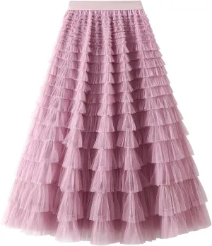 Women Tulle Long Skirt High Waist Layered Mesh Maxi Skirt Tutu Fairy A Line Midi Skirts Tiered Petticoat