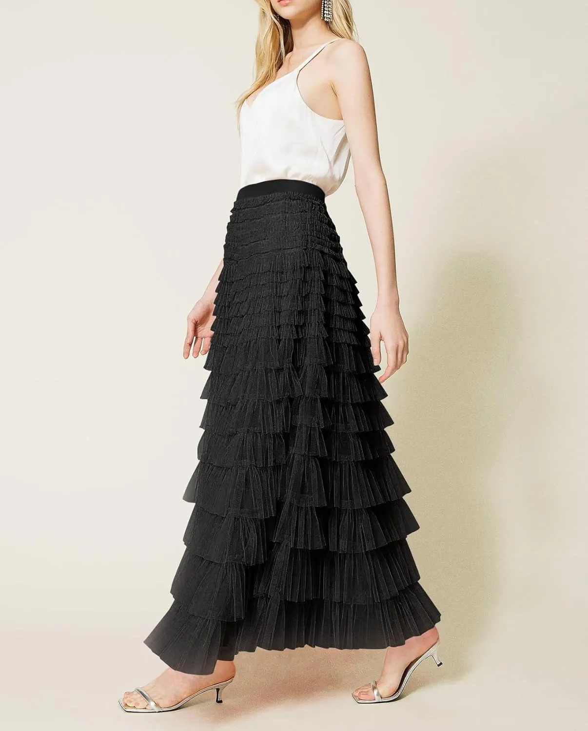 Women Tulle Long Skirt High Waist Layered Mesh Maxi Skirt Tutu Fairy A Line Midi Skirts Tiered Petticoat