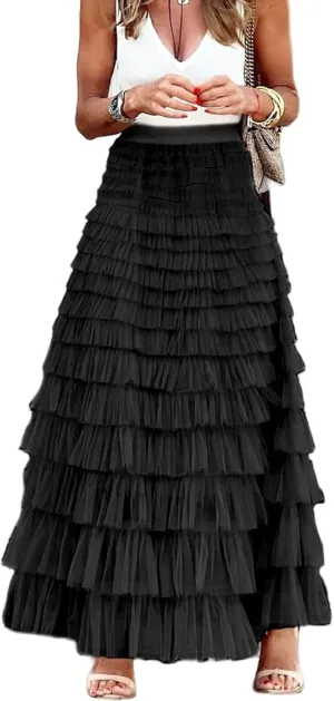 Women Tulle Long Skirt High Waist Layered Mesh Maxi Skirt Tutu Fairy A Line Midi Skirts Tiered Petticoat