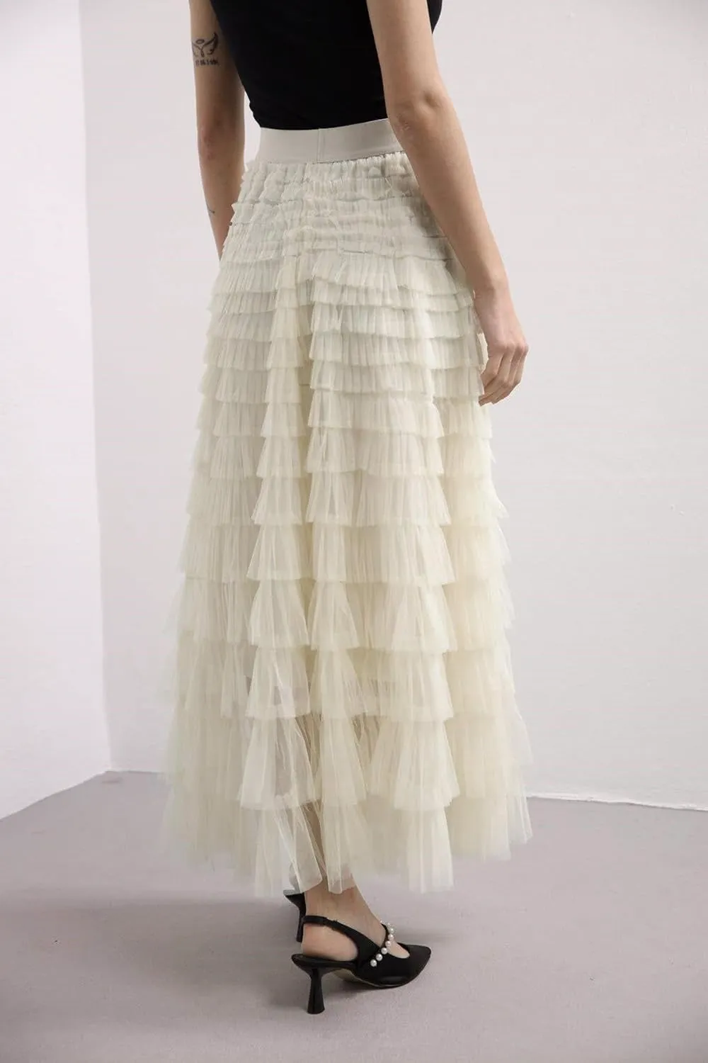Women Tulle Long Skirt High Waist Layered Mesh Maxi Skirt Tutu Fairy A Line Midi Skirts Tiered Petticoat