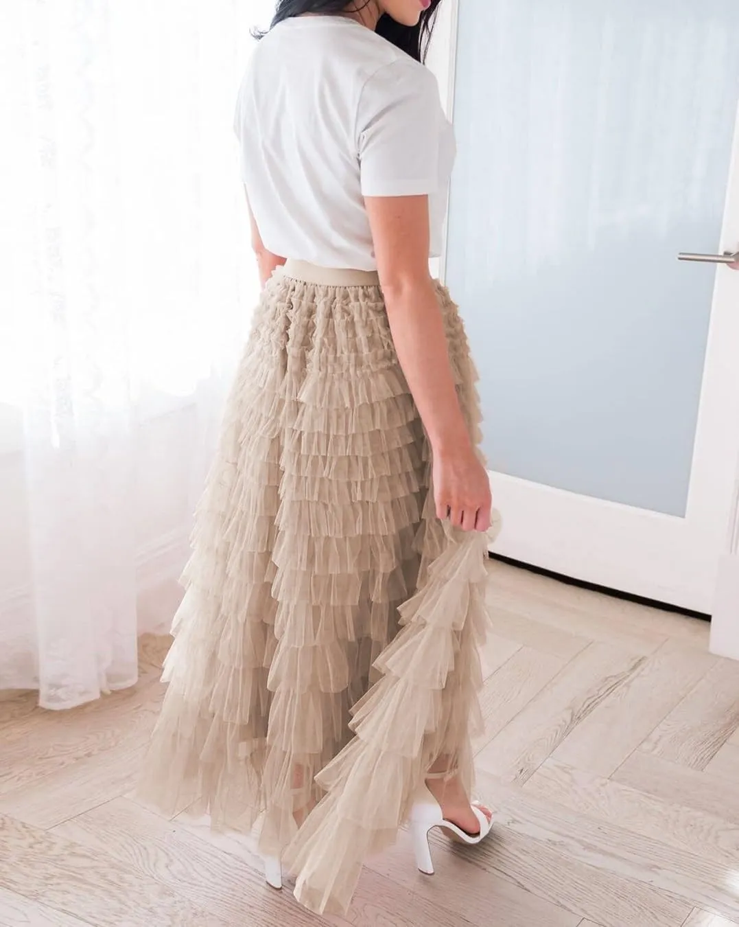 Women Tulle Long Skirt High Waist Layered Mesh Maxi Skirt Tutu Fairy A Line Midi Skirts Tiered Petticoat