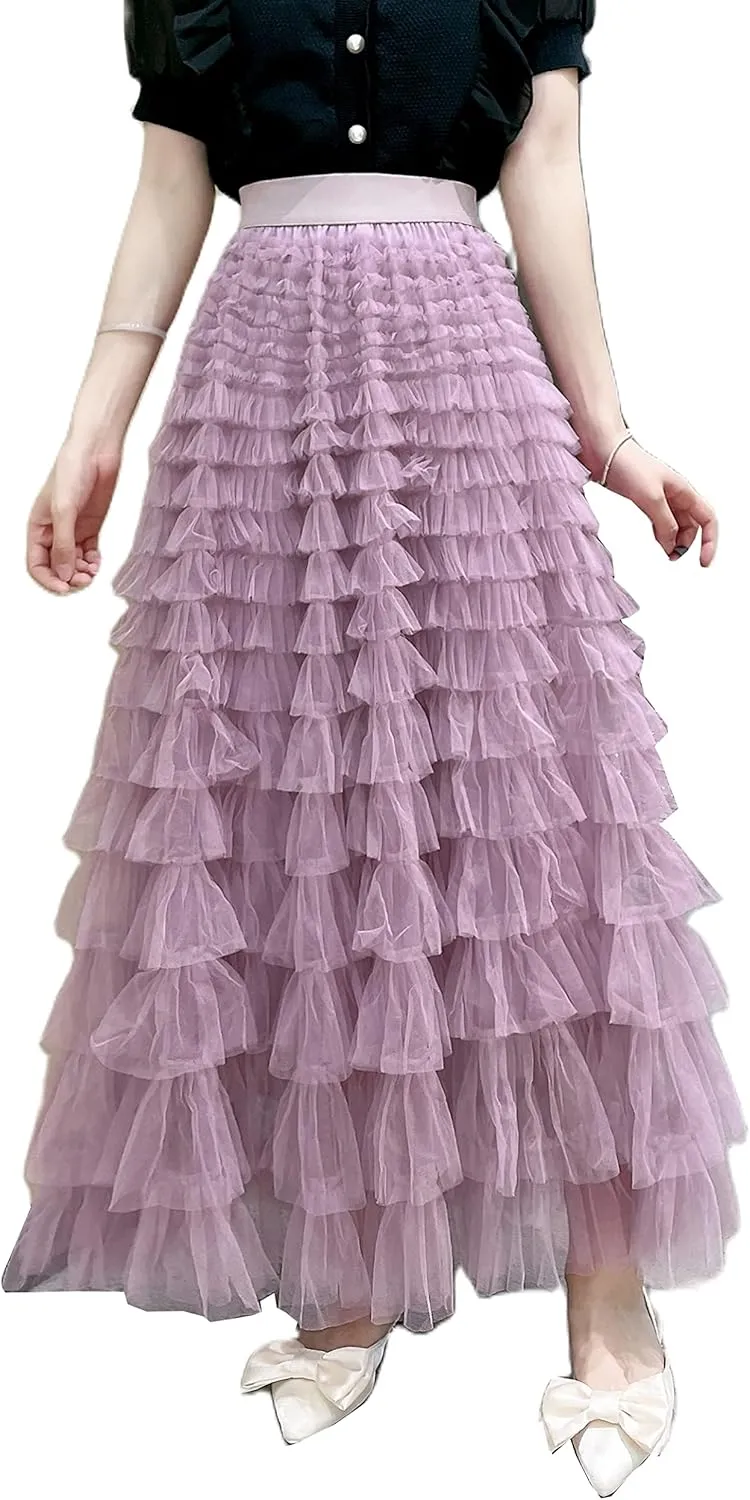 Women Tulle Long Skirt High Waist Layered Mesh Maxi Skirt Tutu Fairy A Line Midi Skirts Tiered Petticoat