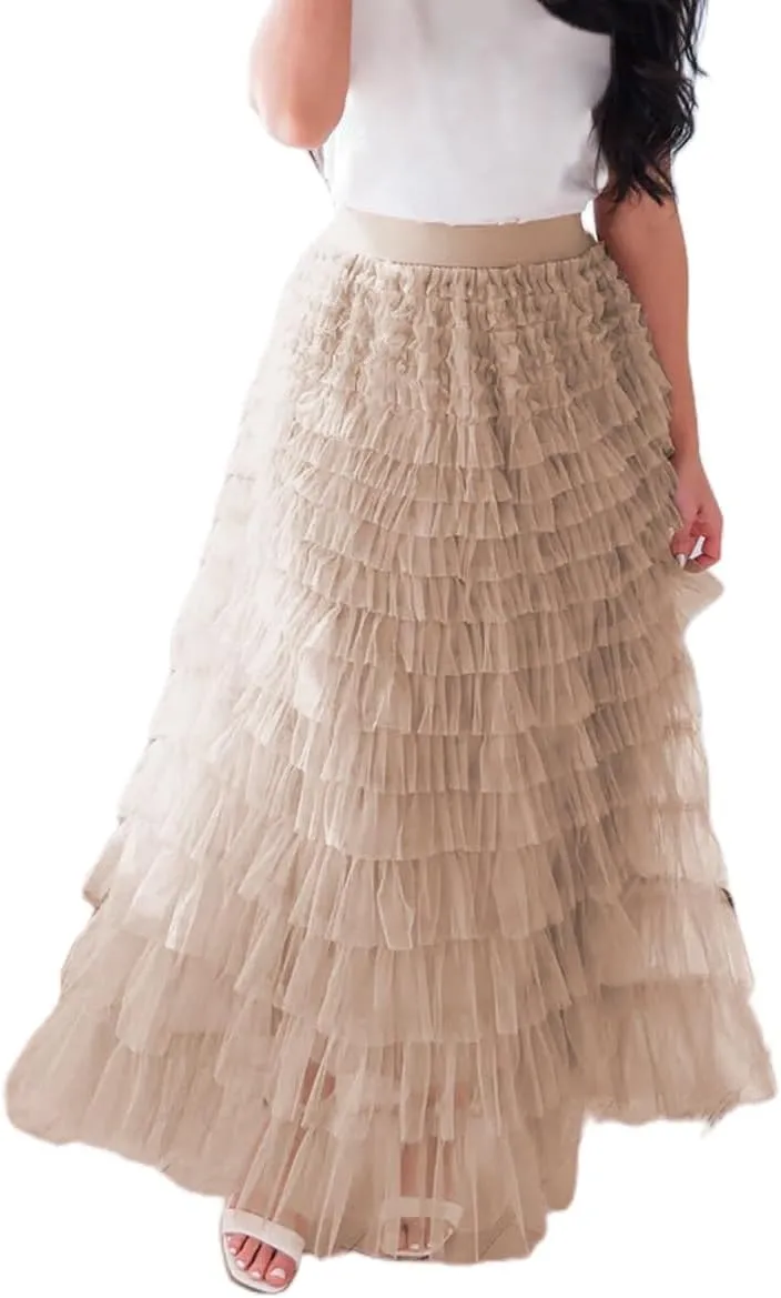 Women Tulle Long Skirt High Waist Layered Mesh Maxi Skirt Tutu Fairy A Line Midi Skirts Tiered Petticoat