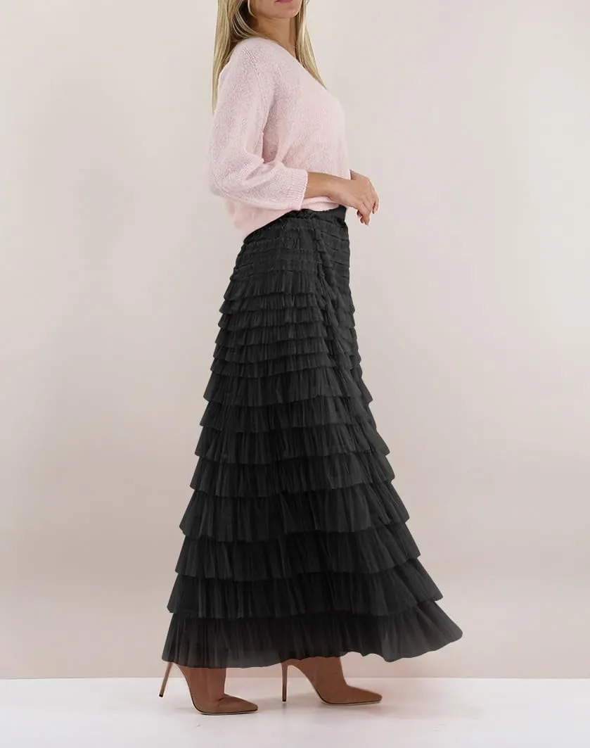 Women Tulle Long Skirt High Waist Layered Mesh Maxi Skirt Tutu Fairy A Line Midi Skirts Tiered Petticoat