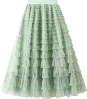 Women Tulle Long Skirt High Waist Layered Mesh Maxi Skirt Tutu Fairy A Line Midi Skirts Tiered Petticoat