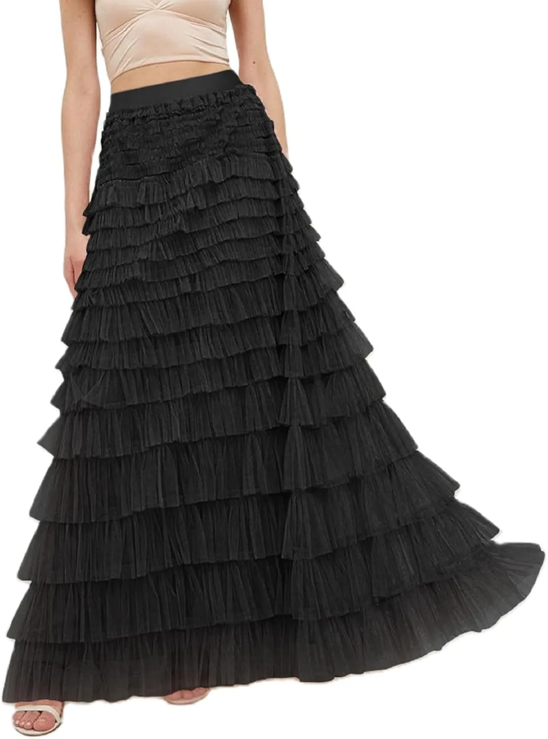 Women Tulle Long Skirt High Waist Layered Mesh Maxi Skirt Tutu Fairy A Line Midi Skirts Tiered Petticoat