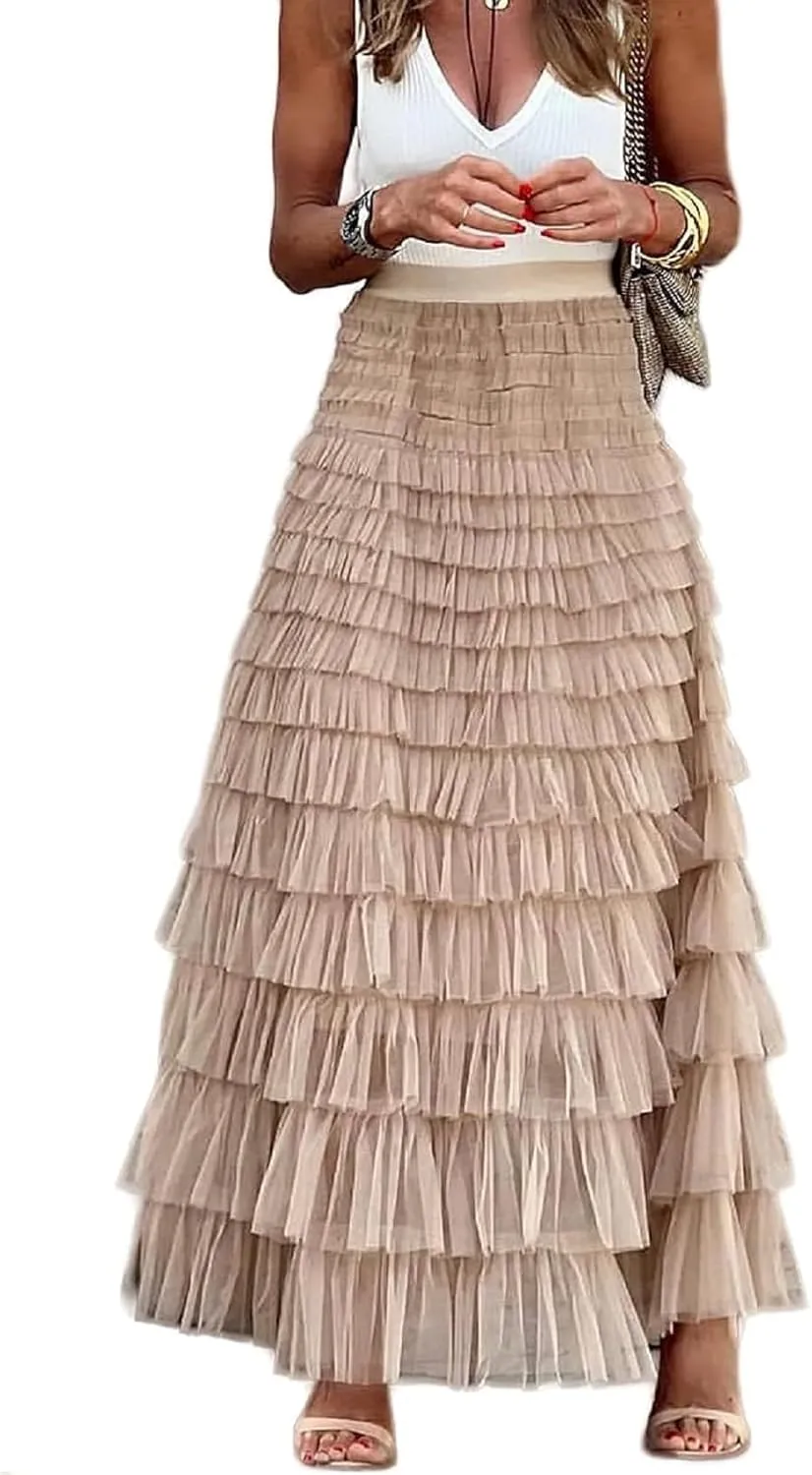 Women Tulle Long Skirt High Waist Layered Mesh Maxi Skirt Tutu Fairy A Line Midi Skirts Tiered Petticoat