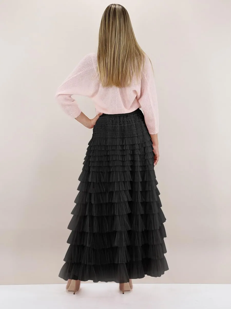 Women Tulle Long Skirt High Waist Layered Mesh Maxi Skirt Tutu Fairy A Line Midi Skirts Tiered Petticoat