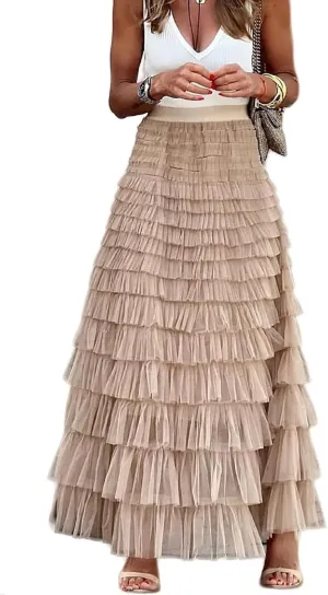 Women Tulle Long Skirt High Waist Layered Mesh Maxi Skirt Tutu Fairy A Line Midi Skirts Tiered Petticoat