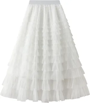 Women Tulle Long Skirt High Waist Layered Mesh Maxi Skirt Tutu Fairy A Line Midi Skirts Tiered Petticoat