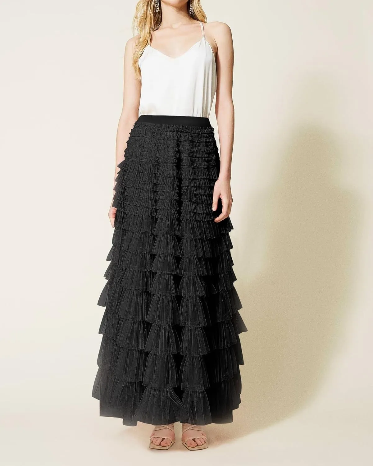 Women Tulle Long Skirt High Waist Layered Mesh Maxi Skirt Tutu Fairy A Line Midi Skirts Tiered Petticoat