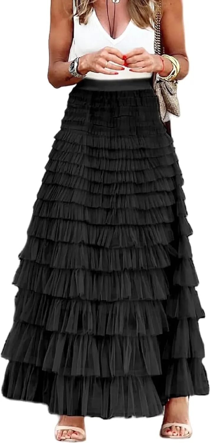 Women Tulle Long Skirt High Waist Layered Mesh Maxi Skirt Tutu Fairy A Line Midi Skirts Tiered Petticoat