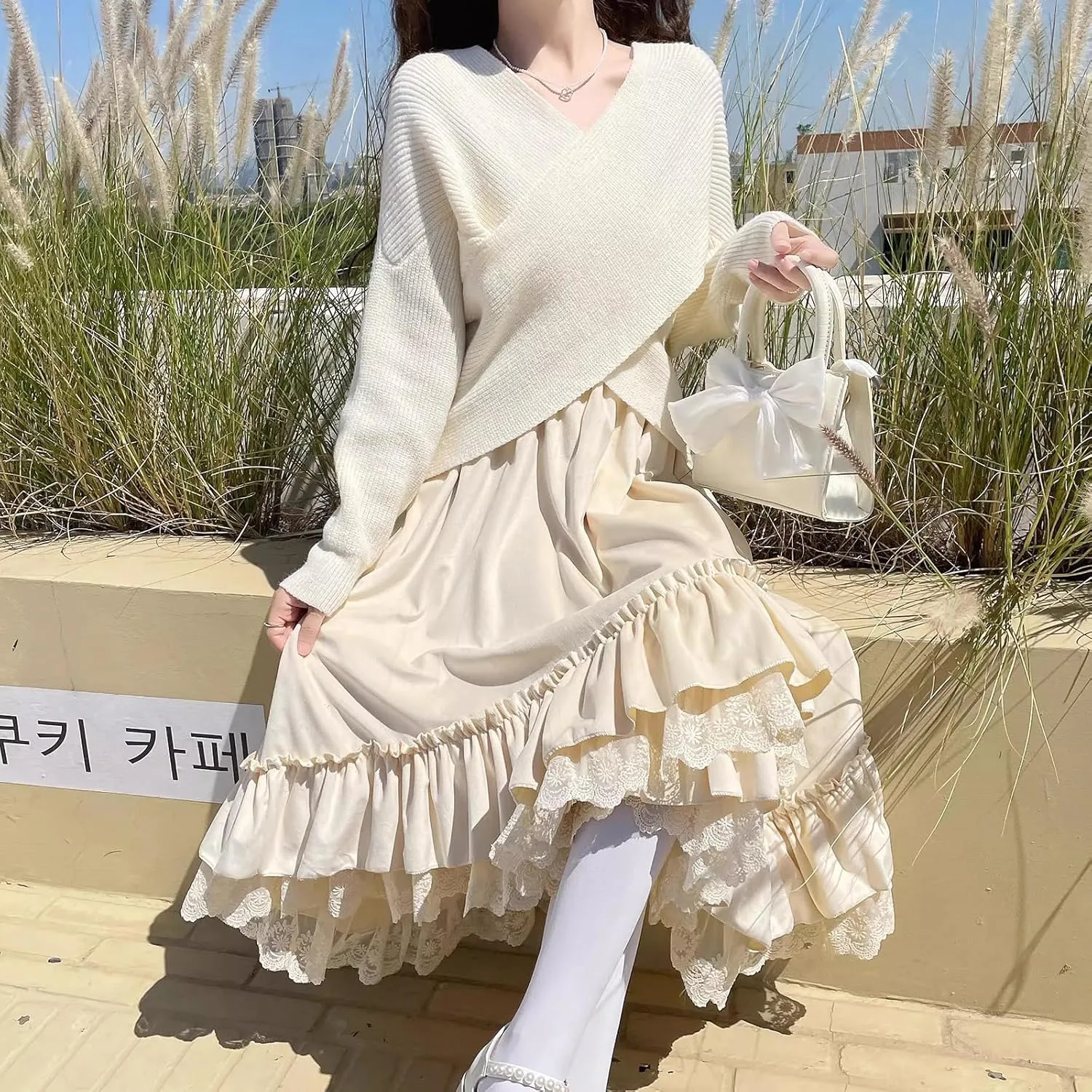 Women Velvet Lace Trim Layered Long Skirts Vintage Patchwork High Waist Asymmetrical Skirts Harajuku Kawaii Fairy Skirt