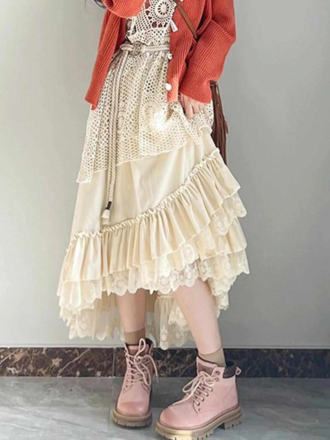 Women Velvet Lace Trim Layered Long Skirts Vintage Patchwork High Waist Asymmetrical Skirts Harajuku Kawaii Fairy Skirt