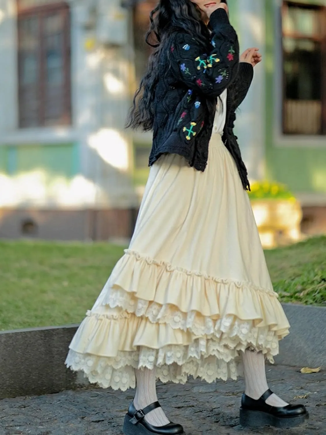 Women Velvet Lace Trim Layered Long Skirts Vintage Patchwork High Waist Asymmetrical Skirts Harajuku Kawaii Fairy Skirt