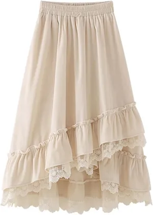 Women Velvet Lace Trim Layered Long Skirts Vintage Patchwork High Waist Asymmetrical Skirts Harajuku Kawaii Fairy Skirt