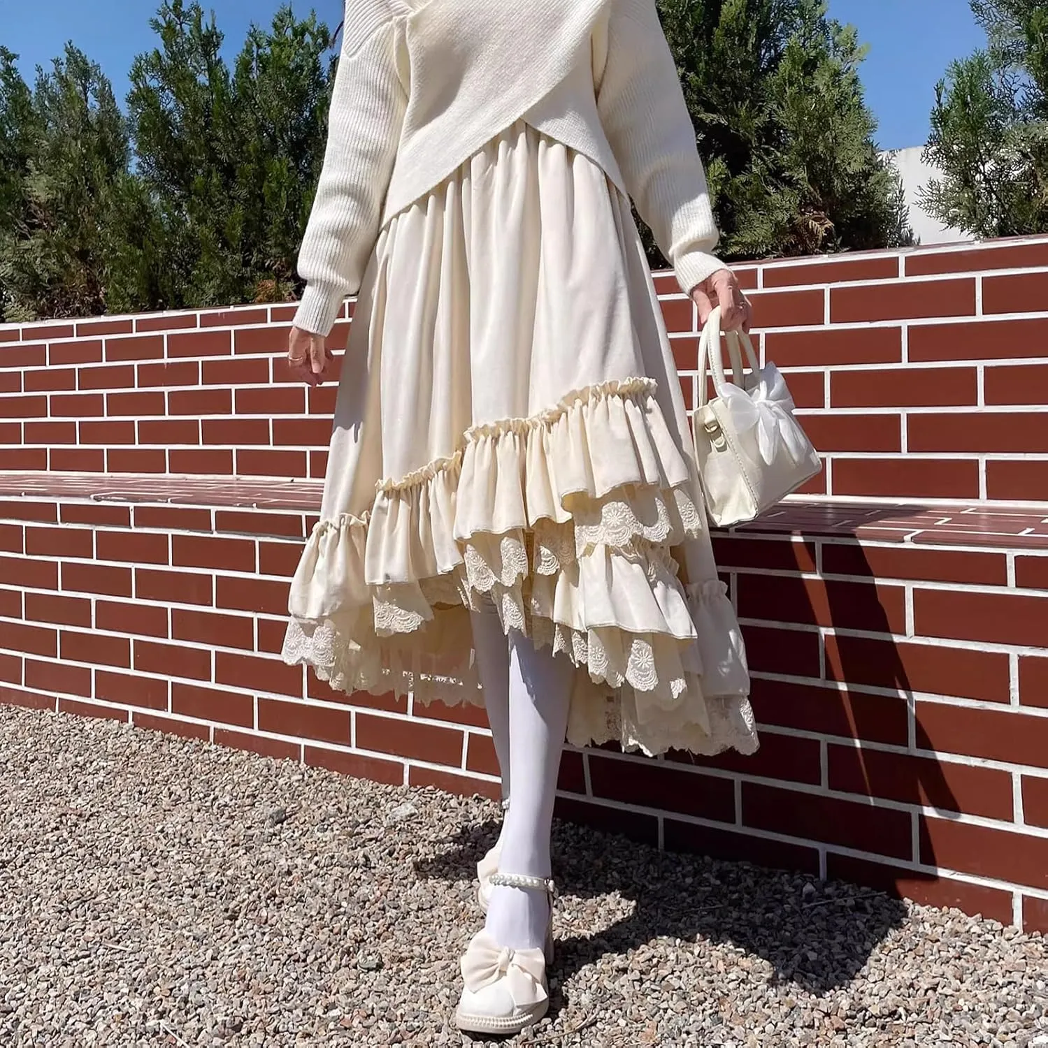 Women Velvet Lace Trim Layered Long Skirts Vintage Patchwork High Waist Asymmetrical Skirts Harajuku Kawaii Fairy Skirt