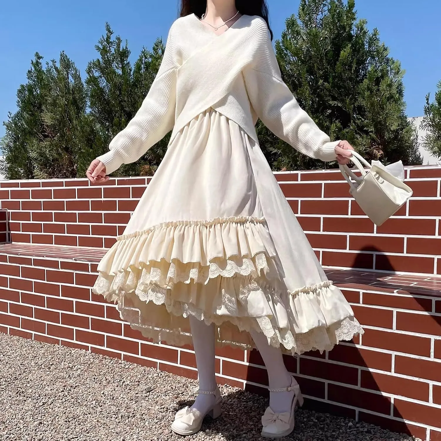 Women Velvet Lace Trim Layered Long Skirts Vintage Patchwork High Waist Asymmetrical Skirts Harajuku Kawaii Fairy Skirt