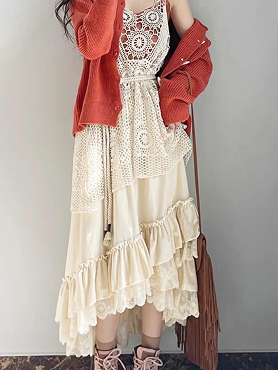 Women Velvet Lace Trim Layered Long Skirts Vintage Patchwork High Waist Asymmetrical Skirts Harajuku Kawaii Fairy Skirt