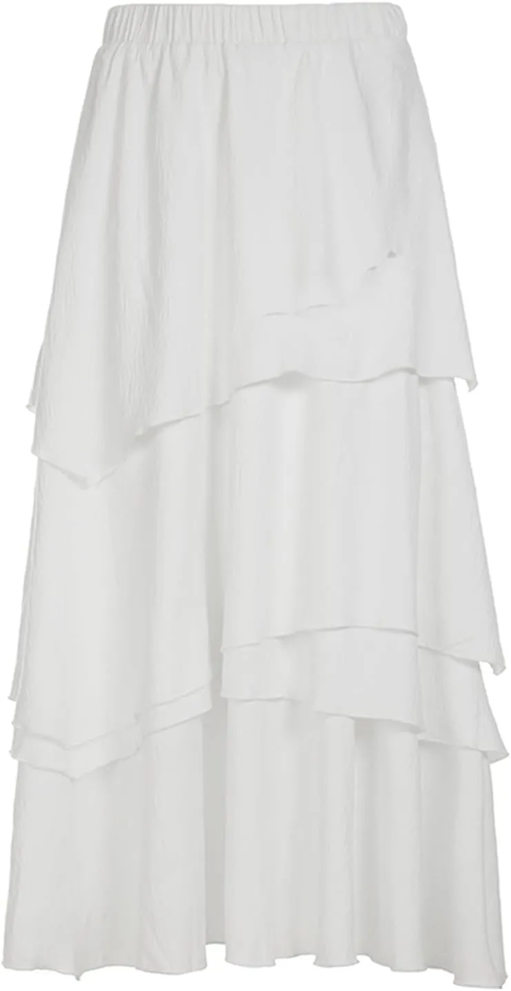 Women Y2K Ruffle Layered Maxi Skirt Elastic Waist Asymmetrical Hem Lace Trim A-line Long Skirt Holiday Vacation