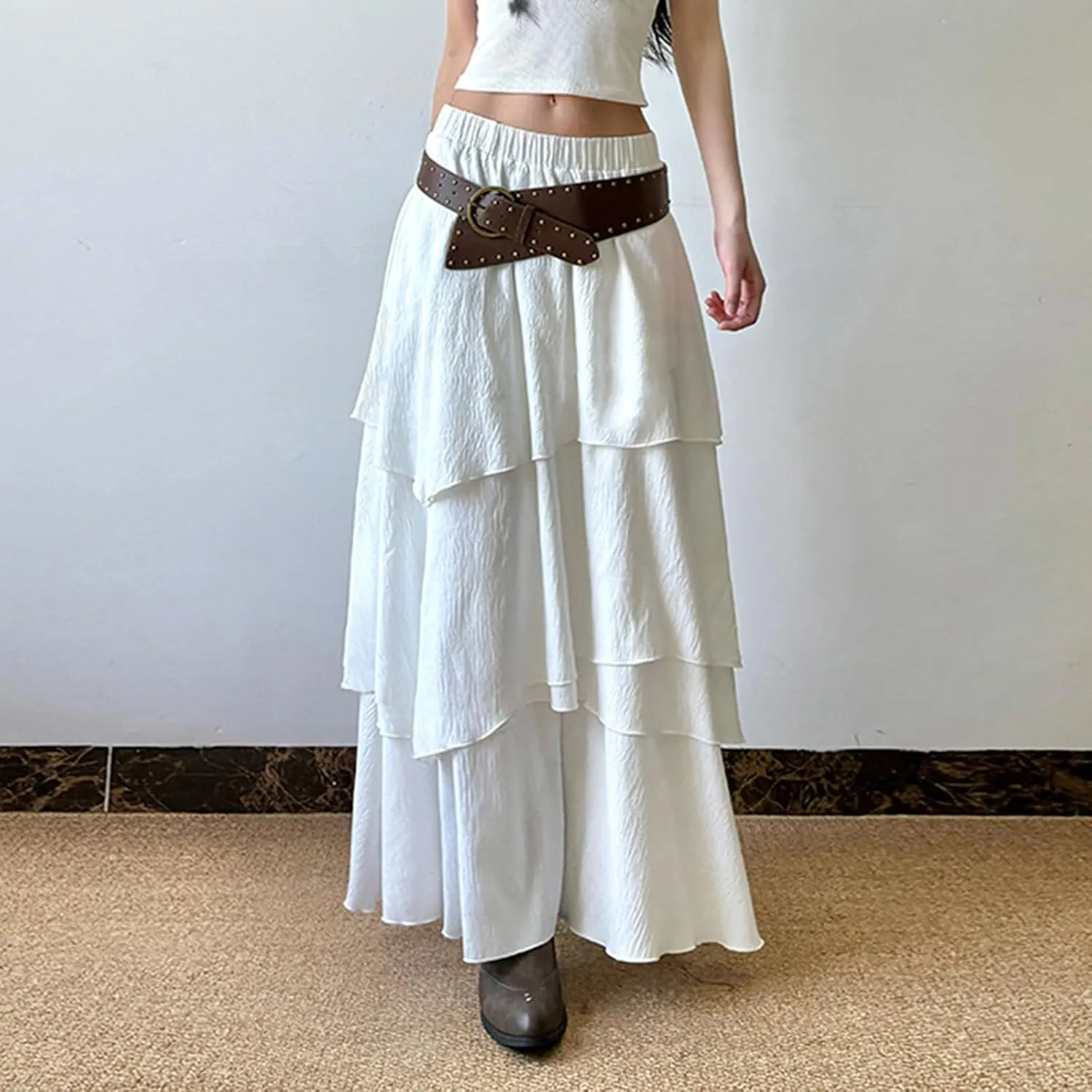 Women Y2K Ruffle Layered Maxi Skirt Elastic Waist Asymmetrical Hem Lace Trim A-line Long Skirt Holiday Vacation