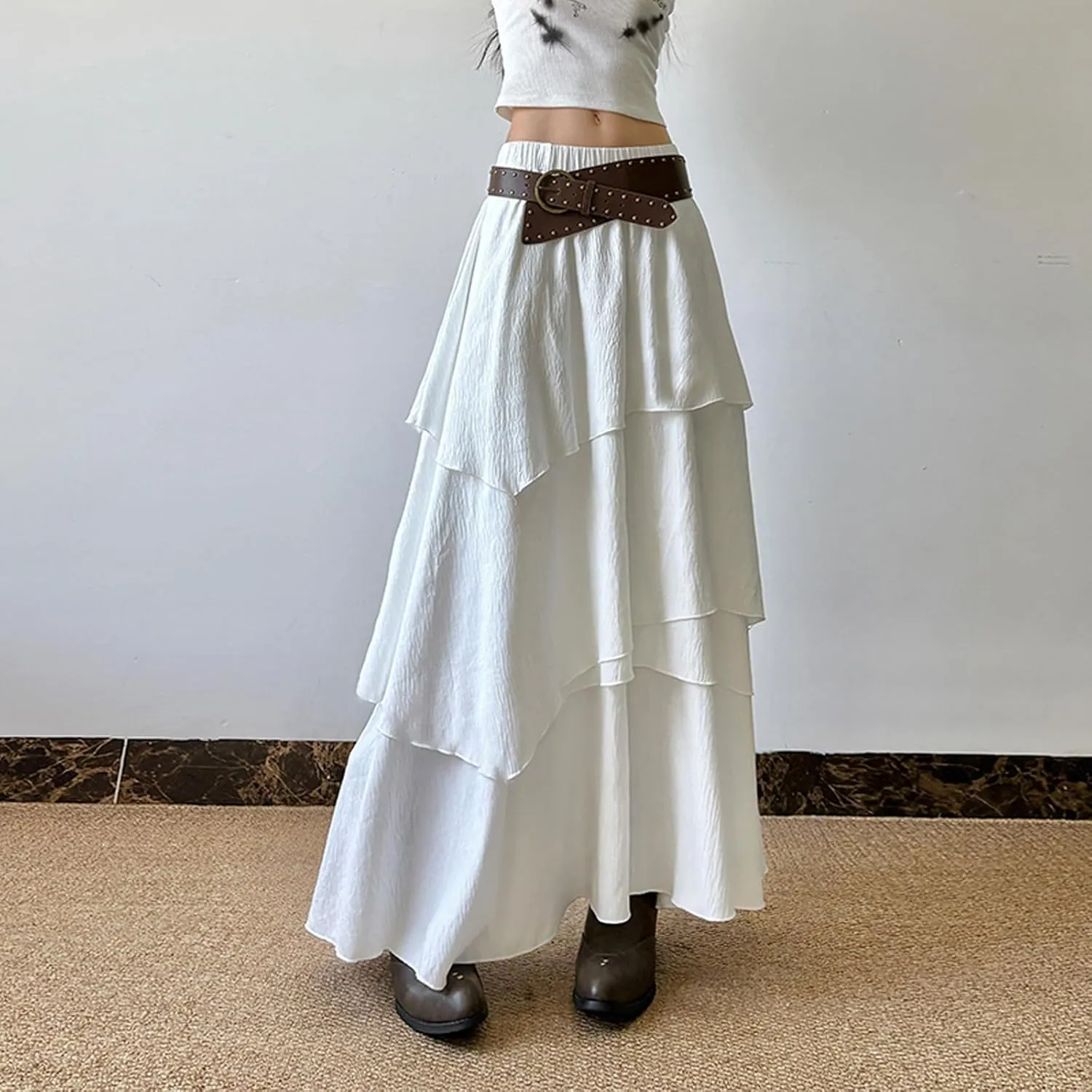 Women Y2K Ruffle Layered Maxi Skirt Elastic Waist Asymmetrical Hem Lace Trim A-line Long Skirt Holiday Vacation