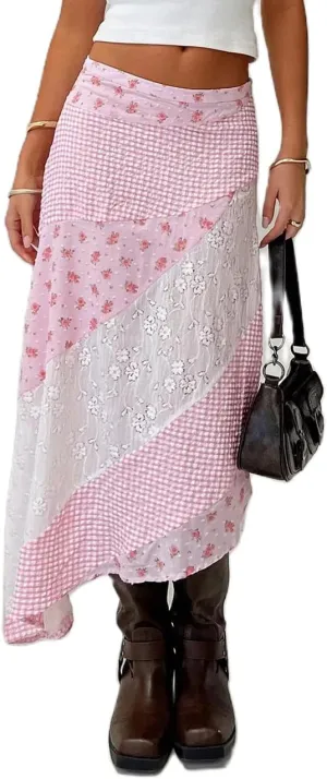 Women Y2K Ruffle Layered Maxi Skirt Elastic Waist Asymmetrical Hem Lace Trim A-line Long Skirt Holiday Vacation