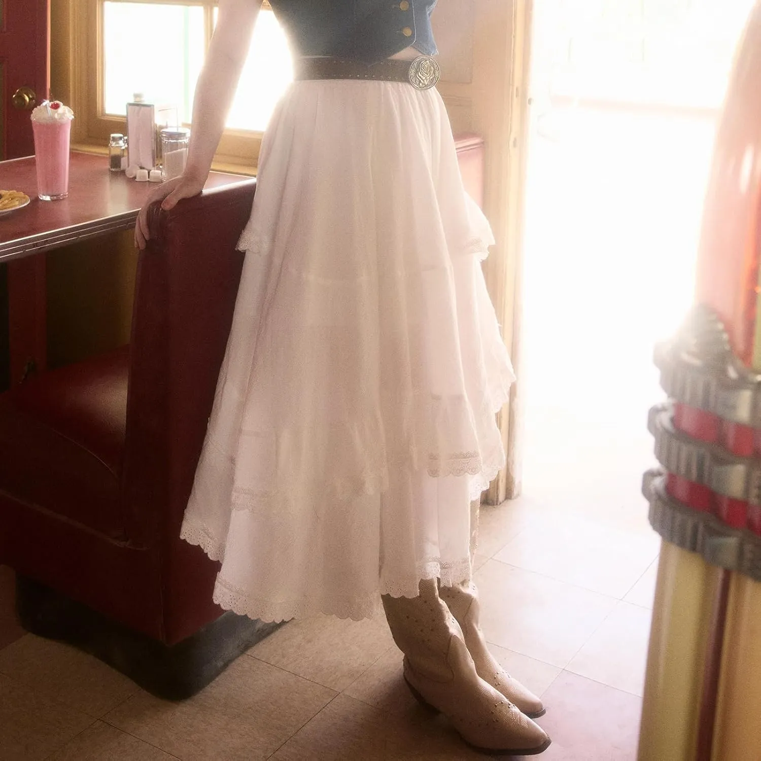 Women Y2K Ruffle Layered Maxi Skirt Elastic Waist Asymmetrical Hem Lace Trim A-line Long Skirt Holiday Vacation