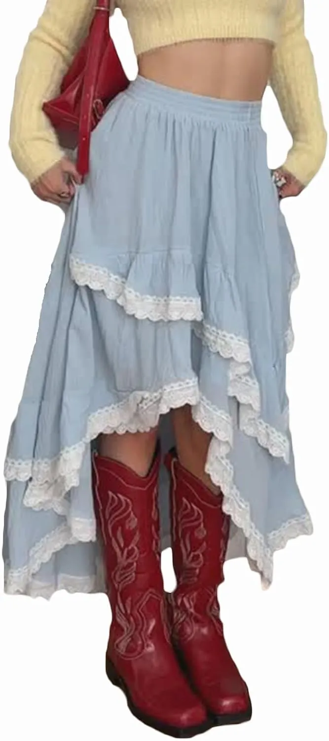 Women Y2K Ruffle Layered Maxi Skirt Elastic Waist Asymmetrical Hem Lace Trim A-line Long Skirt Holiday Vacation