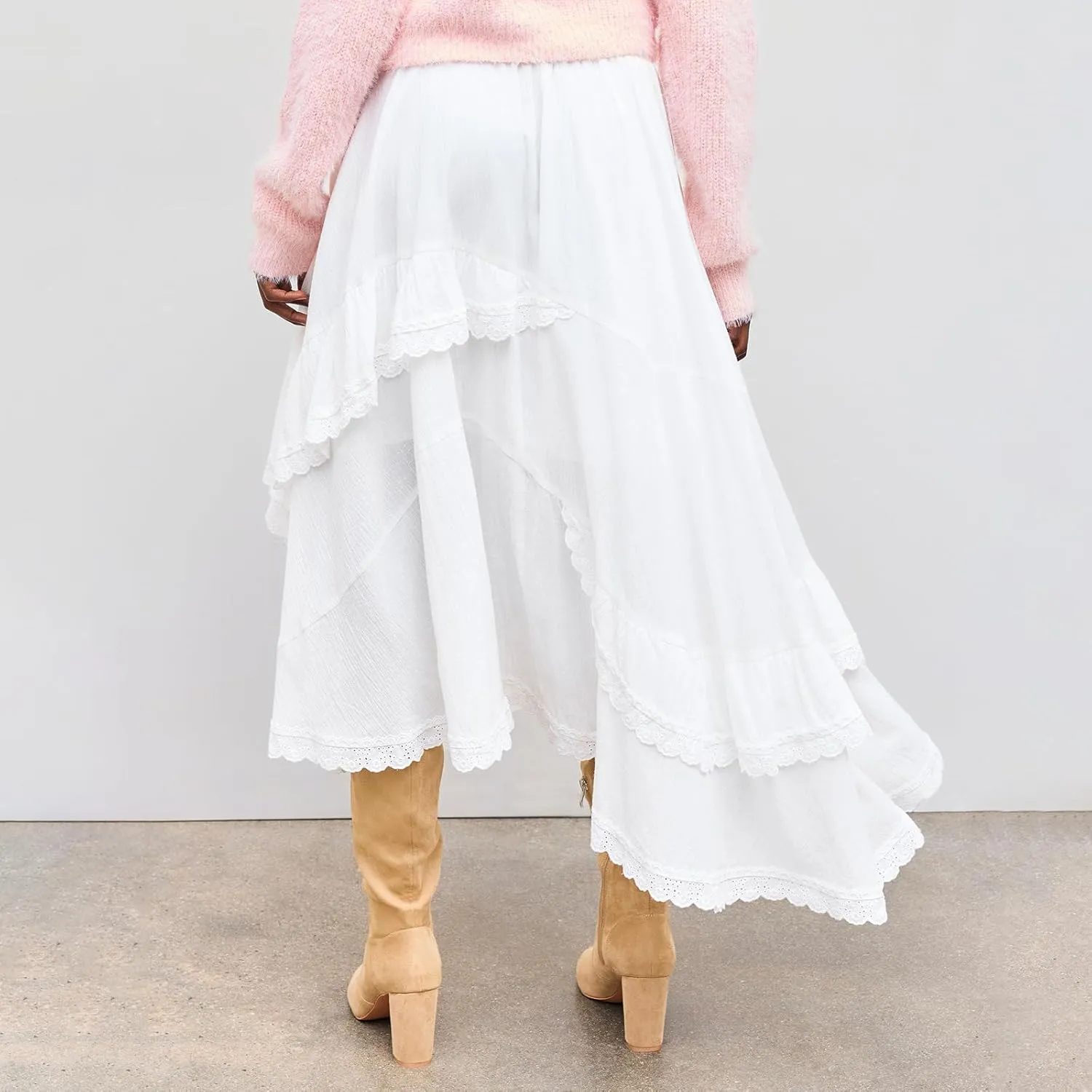 Women Y2K Ruffle Layered Maxi Skirt Elastic Waist Asymmetrical Hem Lace Trim A-line Long Skirt Holiday Vacation