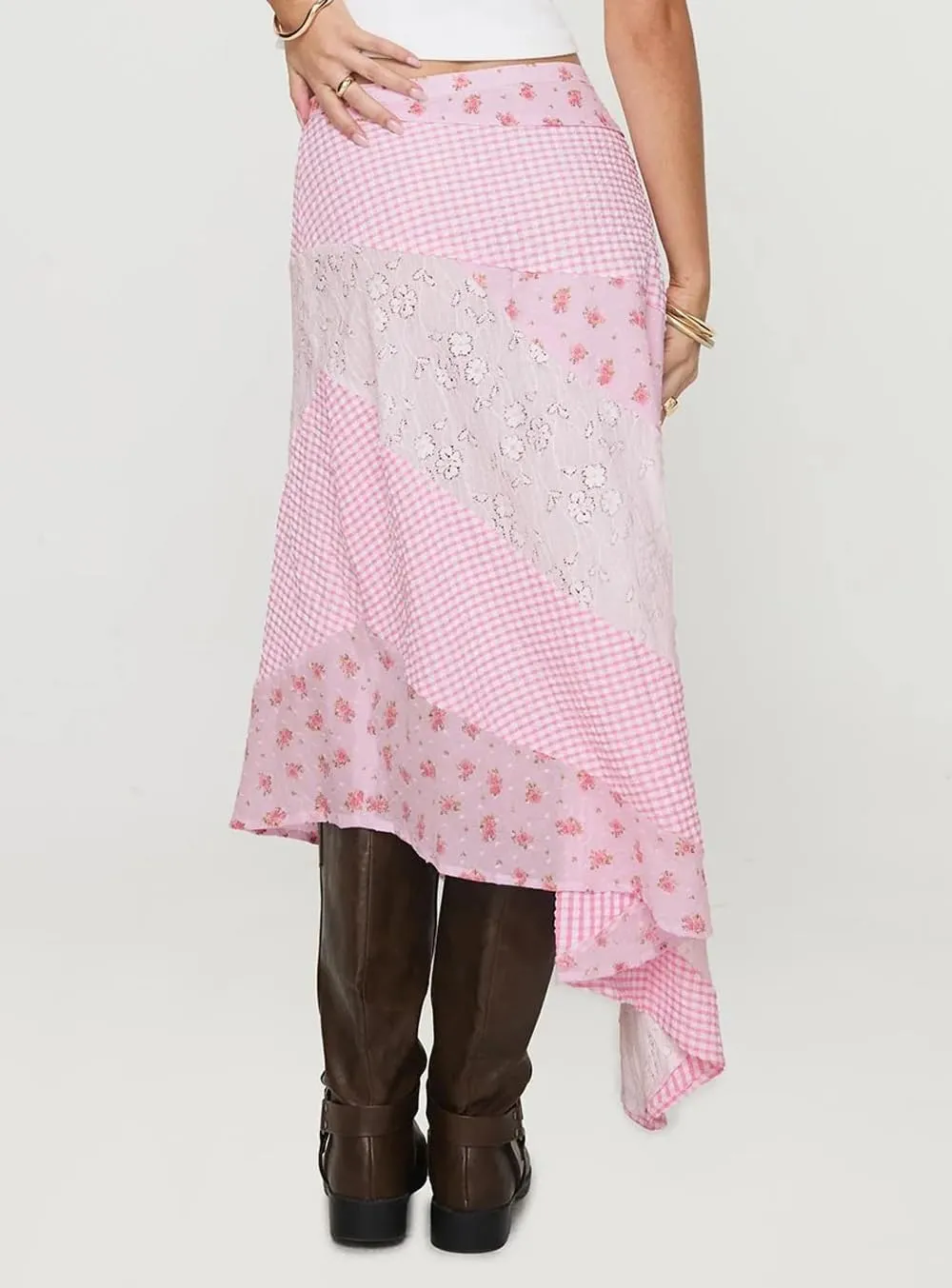 Women Y2K Ruffle Layered Maxi Skirt Elastic Waist Asymmetrical Hem Lace Trim A-line Long Skirt Holiday Vacation