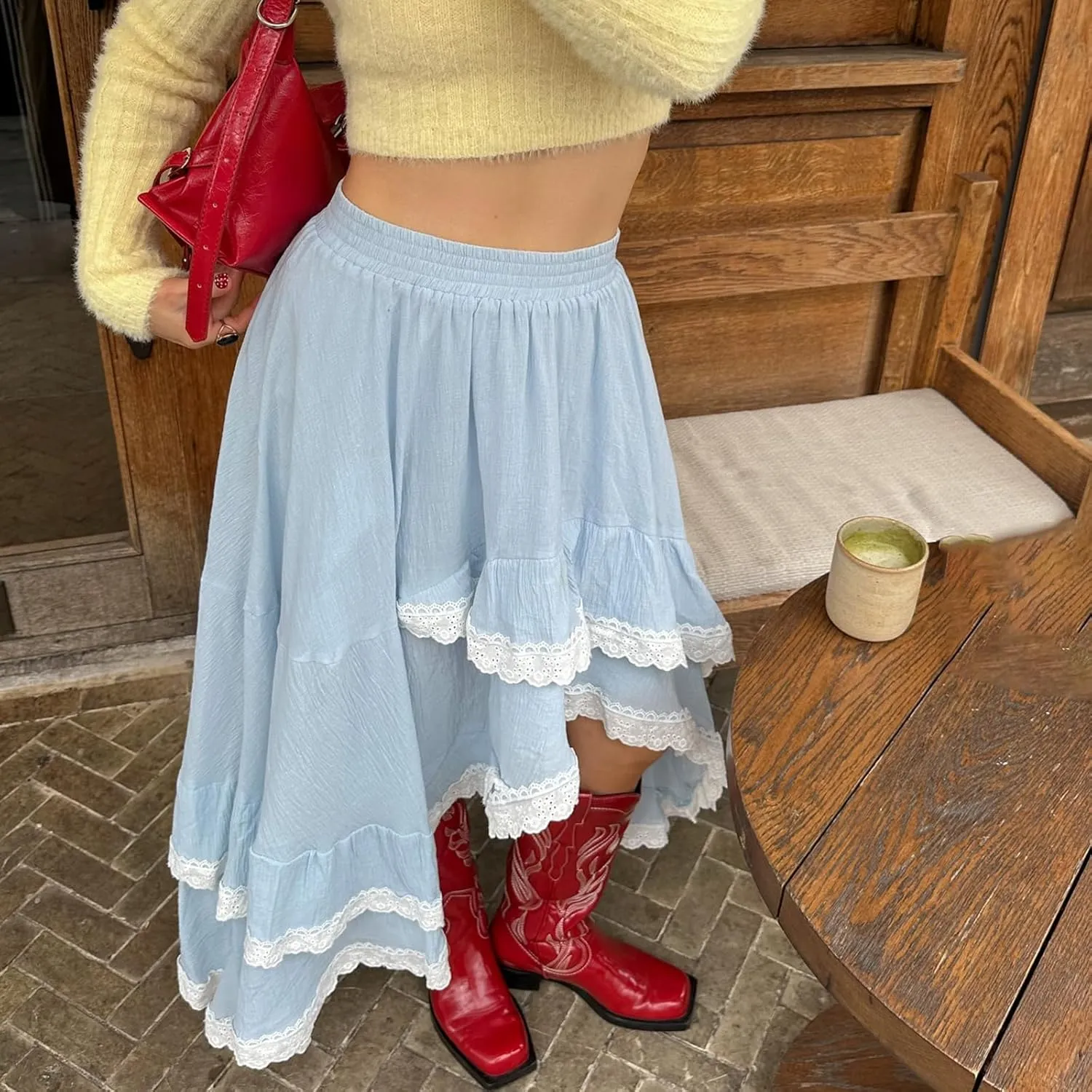 Women Y2K Ruffle Layered Maxi Skirt Elastic Waist Asymmetrical Hem Lace Trim A-line Long Skirt Holiday Vacation