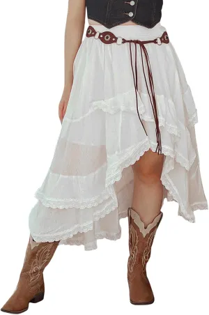 Women Y2K Ruffle Layered Maxi Skirt Elastic Waist Asymmetrical Hem Lace Trim A-line Long Skirt Holiday Vacation