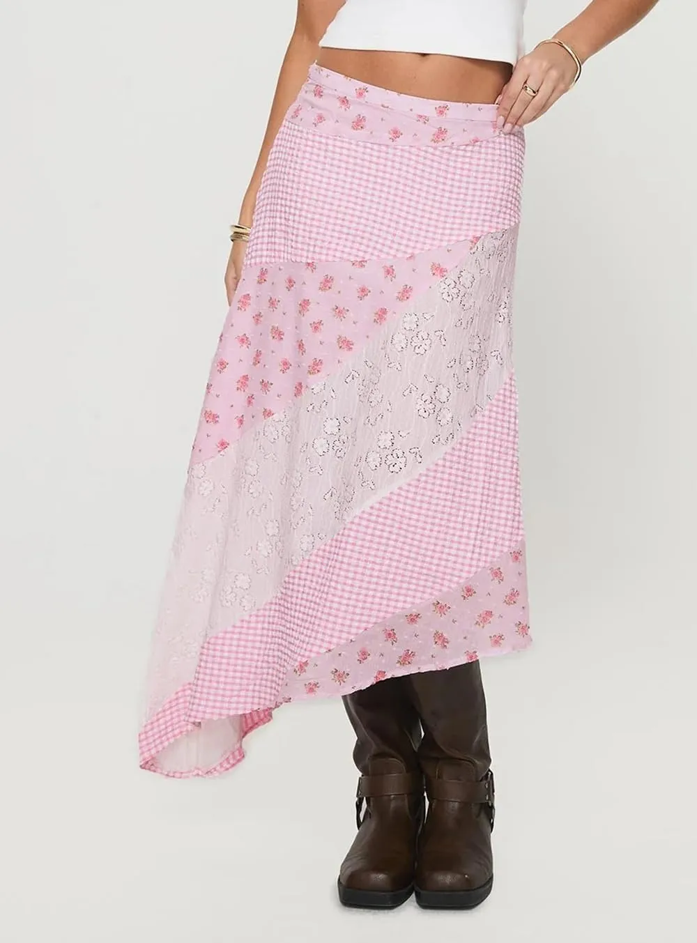 Women Y2K Ruffle Layered Maxi Skirt Elastic Waist Asymmetrical Hem Lace Trim A-line Long Skirt Holiday Vacation