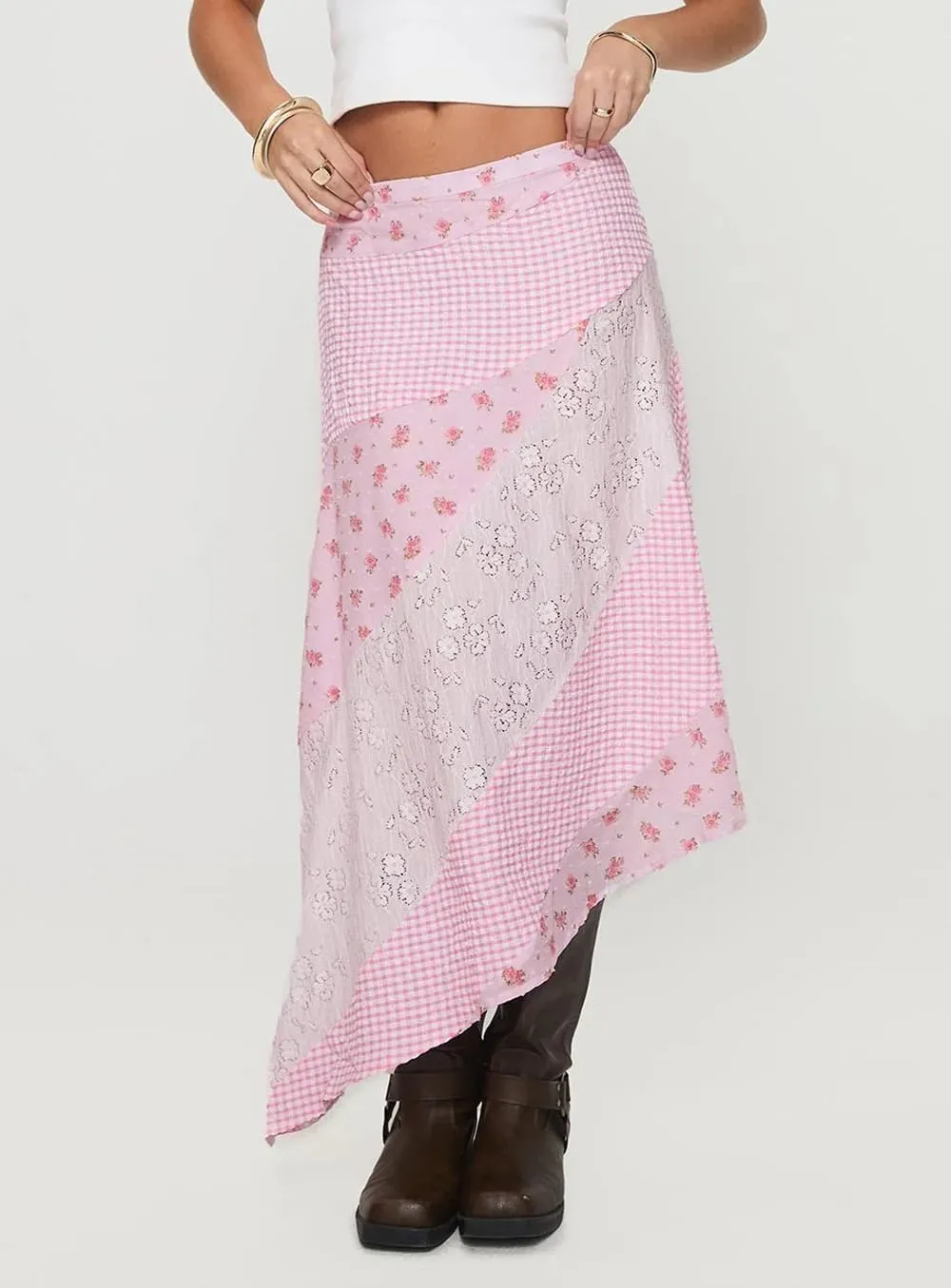 Women Y2K Ruffle Layered Maxi Skirt Elastic Waist Asymmetrical Hem Lace Trim A-line Long Skirt Holiday Vacation