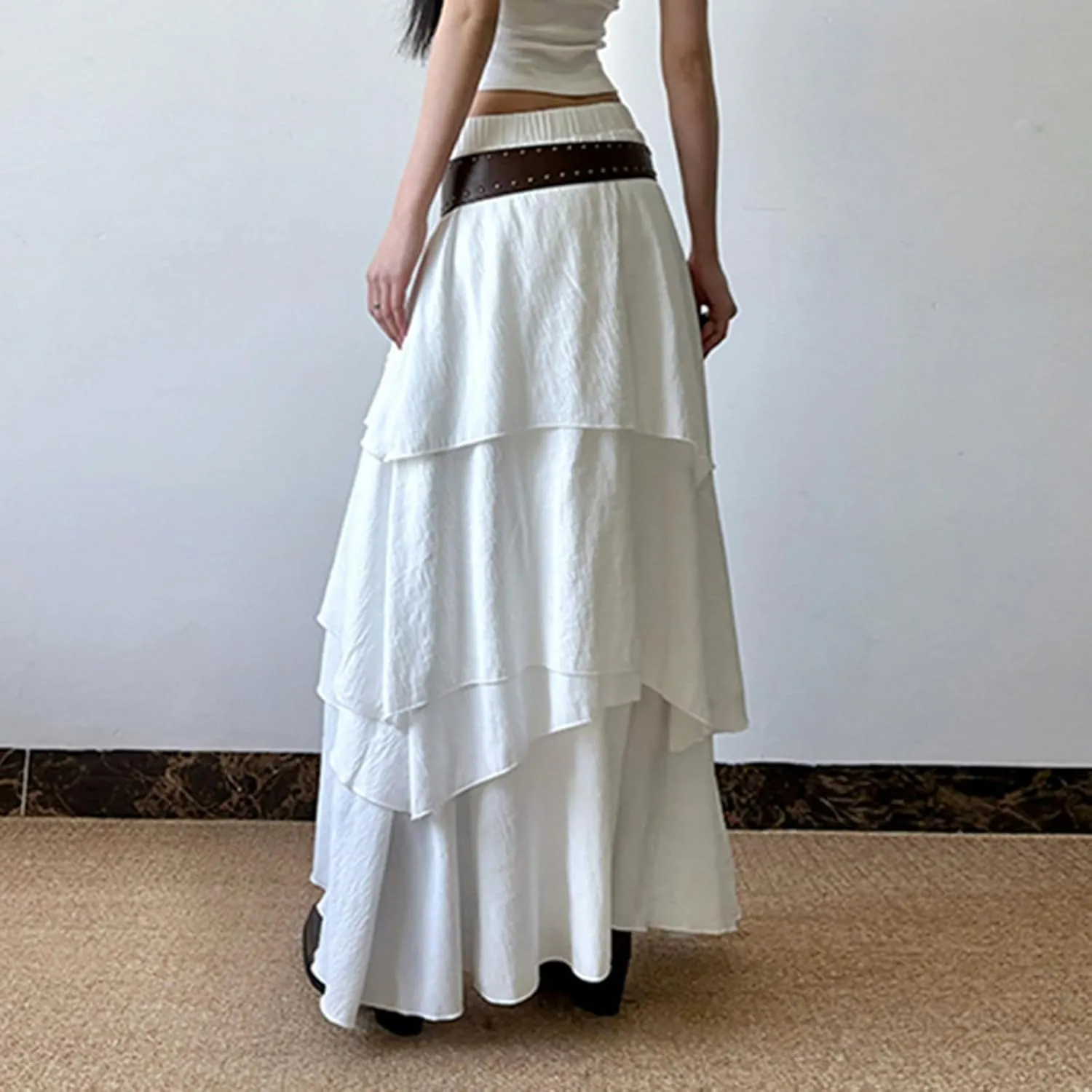 Women Y2K Ruffle Layered Maxi Skirt Elastic Waist Asymmetrical Hem Lace Trim A-line Long Skirt Holiday Vacation